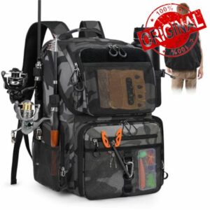 RAINSMORE Fishing Bag 45L Large Fishing Backpack Waterproof Tackle Storage Bags with Rod Holders & Rain Cover for Men Camouflage
