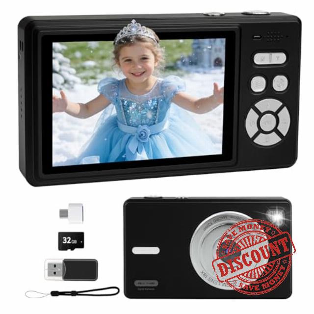 Digital Camera 4K - Autofocus Compact Cameras with 32GB SD Card 44MP Portable Mini Small Photo Camera with 2.8" LCD Screen 18X Digital Zoom Vlogging Camera for Kids
