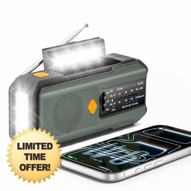 Wind Up Solar Emergency Radio 5000mAh | Hand Crank AM/FM | USB-C Charging | Removable Battery | LED Torch & Reading Lamp | Power Bank | SOS Alarm | Compass | IPX Water Resistant (Army Green)