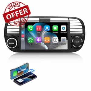 ESSGOO 4+64G Car Stereo Wireless Autoradio Android 14 Carplay and Android Auto For FIAT 500 2007-2015 with 7 inch HD Touchscreen Bluetooth FM GPS Navigation RDS WiFi USB Black