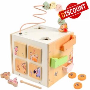 Disney Winnie the Pooh Wooden Activity Cube for Toddlers – Multi Activity Toy with Bead Maze