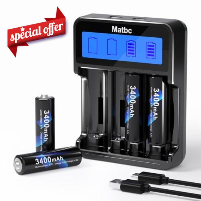 3.7V 3400mAh Button Top Rechargeable Battery 4 Pack with Type-C 4-Slot Fast Charger