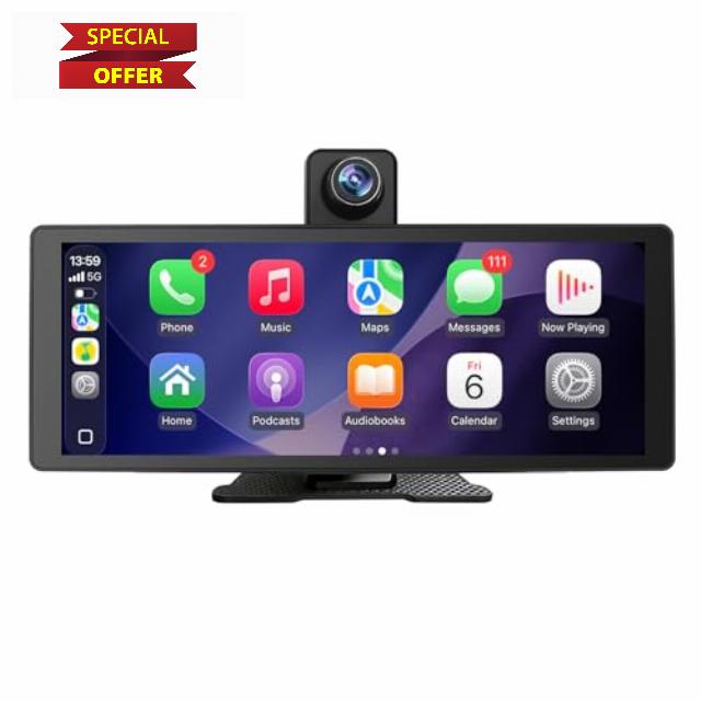 10.26" Wireless Carplay & Android Auto Screen for Car - Portable Car Stereo with 1080P Adjustable Dash Cam Front | Mirror Link | FM Transmitter/AUX | Plug & Play (10.26