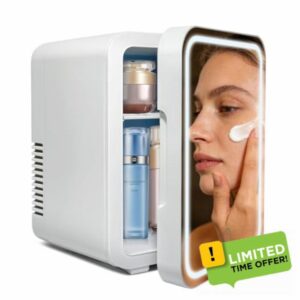 4L Portable Skincare Fridge with Dimmable LED Light Mirror - Cooler & Warmer Mini Fridge for Bedroom Office