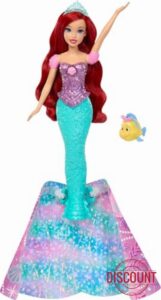 Mattel Disney Princess Ariel Human to Mermaid Transforming Fashion Doll with Flounder Friend Figure & 2 Tiara Accessories