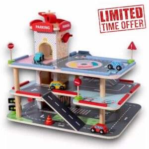 Wooden Car Garage Toy 3 Storey Playset with Lift
