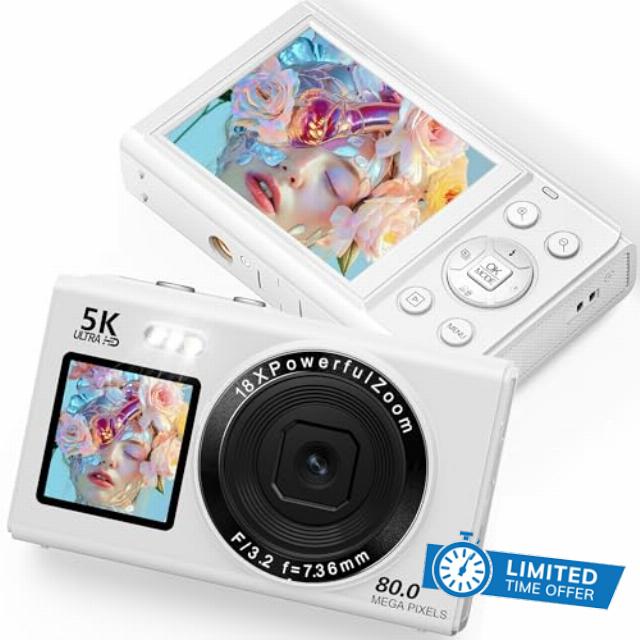 Digital Camera 5K 80MP Vlogging Cameras for Photography Portable Compact Photo Camera with 2.4'' Screen & 1.5'' Selfie Screen