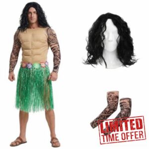 LOVETRENDS Hawaiian Demi God Costume Muscle Chest Outfit With Hula Skirt Beige Costume Tattoo Sleeves Island Warrior Fancy Dress Mythical Hero Costume For Party Hallowee