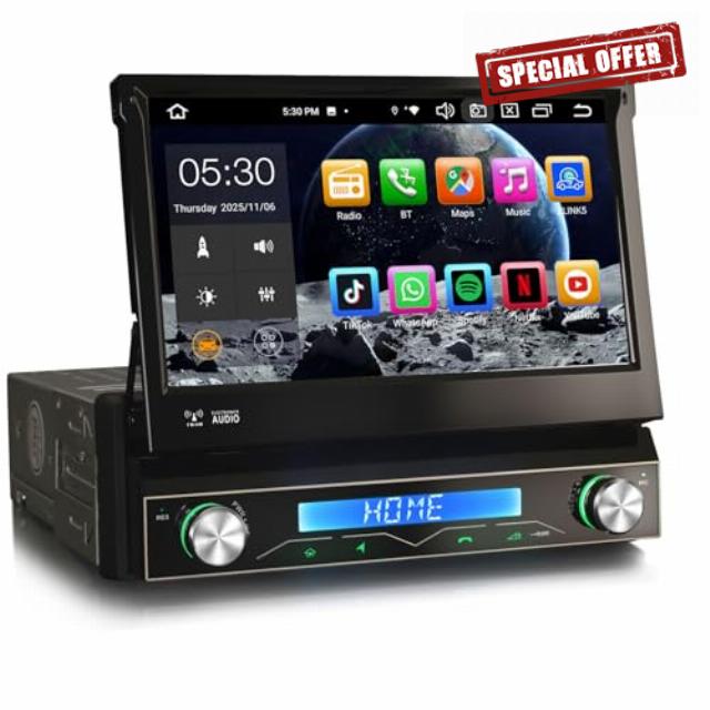 Erisin Android 14 8-Core 4GB+64GB Single Din Retractable Car Stereo DAB+ Radio GPS Sat Nav 7 Inch 1 Din Head Unit IPS Touch Screen Bluetooth 5.0 Support Wireless CarPlay Android Auto WiFi 4G RDS DSP