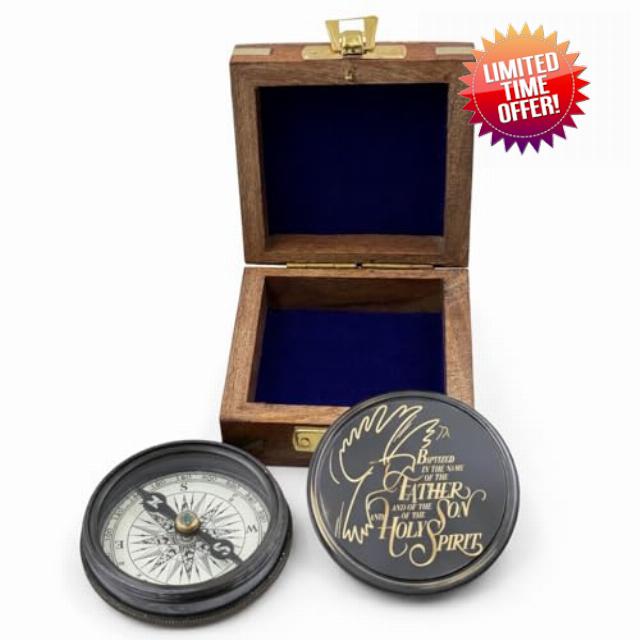 Personalised Vintage Compass Gift with Wooden Box & Leather Case – Custom Engraved Message – Christmas & New Year Keepsake Present for Him Her Dad Husband Friend