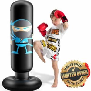 Punching Bag for Kids with Boxing Gloves Ninja Kids Punching Bag 165cm Inflatable Boxing Bag for Kid 3-12 Thickened Material Punch Bag for Active Play & Stress Relief Gift for Boys Girls