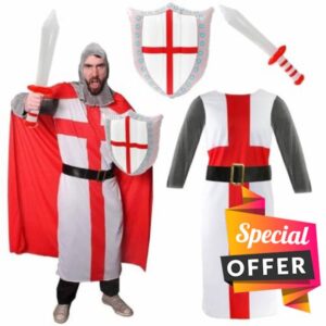 Adults England Knight Costume - Includes English Flag Tunic Red Cape Chain Mail Headpiece and Inflatable Sword & Shield Set - Patriotic Fancy Dress for Football Rugby and St George's Day