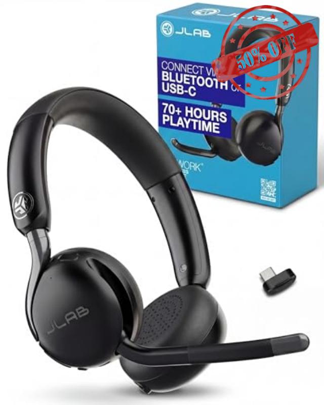JLab Go Work 3 Office Wireless Headset with Microphone - 70+ H PC Bluetooth Headset or USB C Dongle