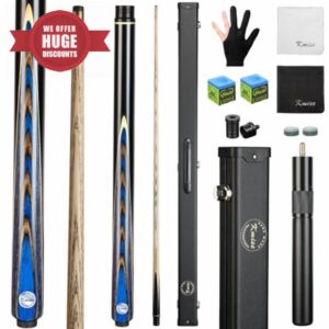 Kmise 57" 3/4 Jointed Snooker Billiard Pool Cue Handcrafted 9.5MM Tip Ash Wood Cue 19~21oz with Telescopic Aluminium Extension & Billiard Cue Case | Chalk & Glove Accessories Snooker Cue Se