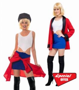90s Hollywood Pretty Woman Fancy Dress Costume Set – Blue & White Dress with Red Jacket