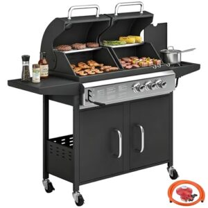 2-in-1 Portable Propane & Charcoal Barbecue Grill Smoker Combo with Wheels