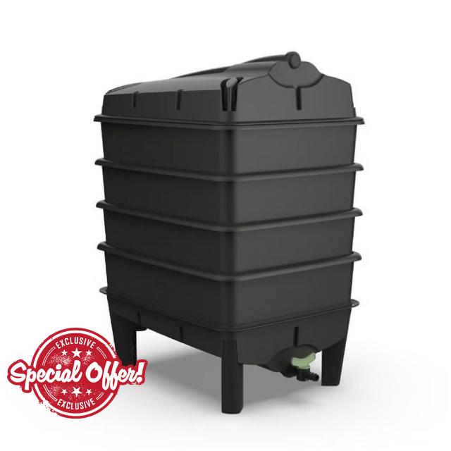 4 Tray Worm Composter with Tiger Worms - Black Wormery Compost Bin for Food Waste Recycling