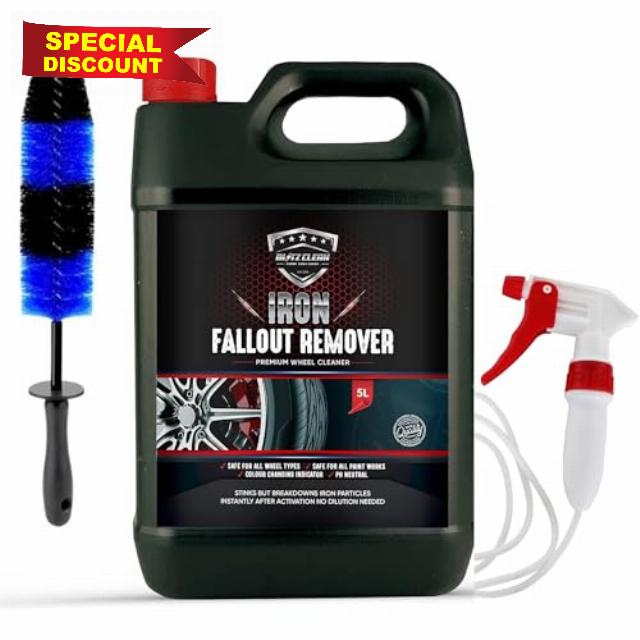 Blitz Clean Iron Fallout Remover 5L Bundle – Non-Acidic Wheel & Paint Decontaminator – Includes Trigger Sprayer with 36” Extension Tube & Wheel Brush – Colour Changing Iron Remover for Alloys & Paintw