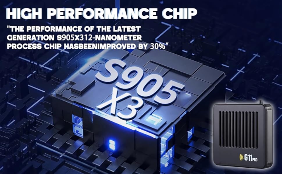 Text reads 'HIGH PERFORMANCE CHIP' and 'THE PERFORMANCE OF THE LATEST GENERATION HAS BEEN IMPROVED PROCESS CHIP HAS BEEN IMPROVED BY 30%'. Shows T905 X3L chip with blue LED lighting and heatsink.