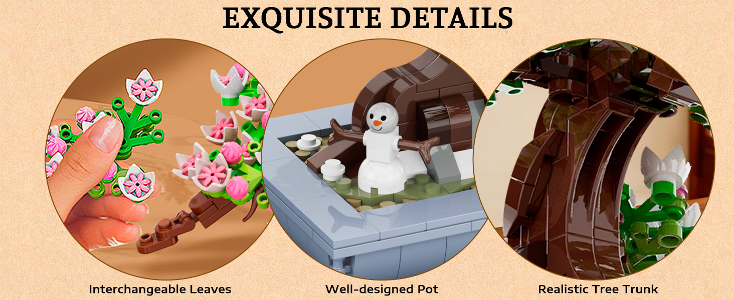 Text reads 'EXQUISITE DETAILS'. Three circular product detail images labeled 'Interchangeable Leaves', 'Well-designed Knit', and 'Realistic Tree Trunk' showcasing accessory components.