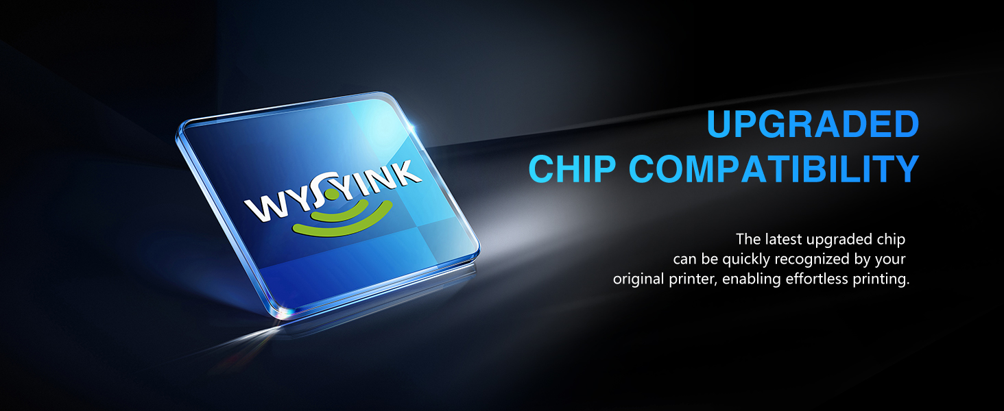Text reads 'UPGRADED CHIP COMPATIBILITY'. Technology product marketing image showing stylized computer chip with blue glow effect on black background.