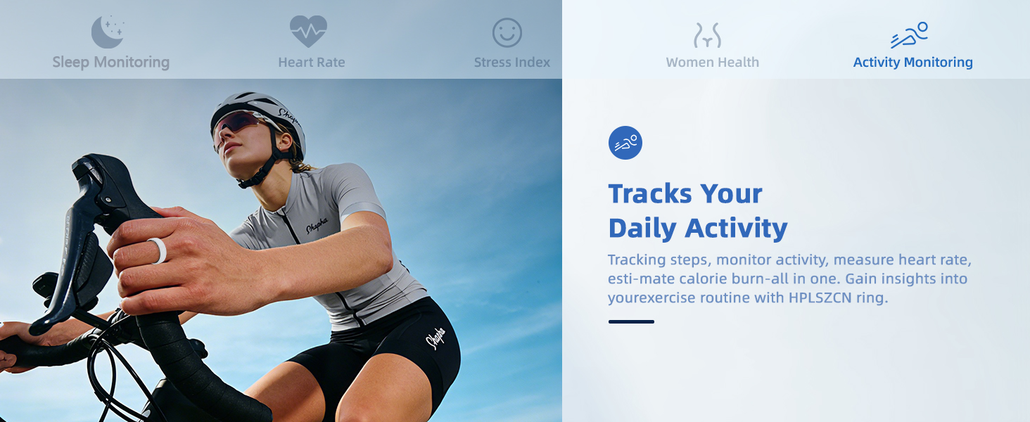 Text reads 'Tracks Your Daily Activity'. Fitness tracking interface showing cycling activity data and statistics on blue background with icons.