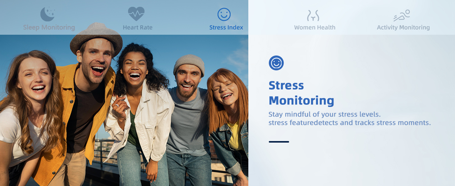 Text reads 'Stress Monitoring'. Split image showing group of friends on left and blue interface screen on right.