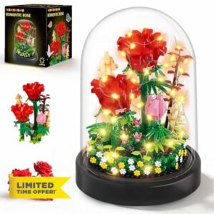 HOGOKIDS Flower Building Set with LED Light & Cover - 596 PCS Red Rose Bouquet Kits Botanical Building Blocks Mother's Day Birthday Gifts Mini Bricks for Mom Wife Girlfriend Adults Home Decor Display