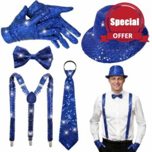 ELECLAND 6 Pieces 1970s Men Disco Accessories Set for Party Halloween Cosplay Hat Bow Tie Gloves Necktie Suspenders