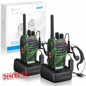 eSynic 2Pack Professional Walkie Talkies for Adults 16CH Rechargeable Walky Talkie PMR446 Two Way Radio With Earpieces& LED Light& Clip& Hand Free VOX Function Wonderful Gift for Group