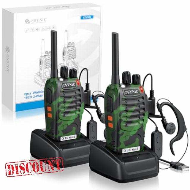 eSynic 2Pack Professional Walkie Talkies for Adults 16CH Rechargeable Walky Talkie PMR446 Two Way Radio With Earpieces& LED Light& Clip& Hand Free VOX Function Wonderful Gift for Group