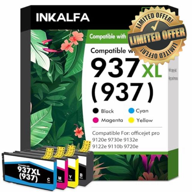 937XL 937 9720e 9730e Ink Cartridges Multipack Compatible for HP937 Ink Cartridges XL 937e 937XL for HP OfficeJet Pro 9132e 9122e 9120e 9720e 9730e 9110b 9125e Printer (Black Cyan Magenta Yellow)