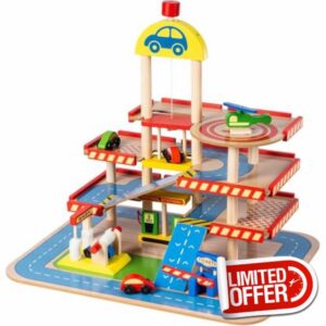 Wooden Car Garage Toy 4 Level Parking Playset with Cars & Helicopter