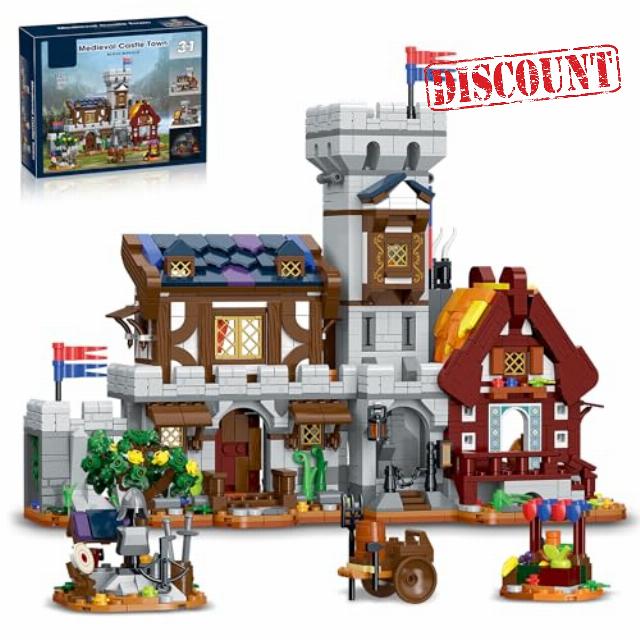 Medieval Castle Town Square Building Set 3 in 1 with Light & Garrison Tower House Compatibled with Lego Model Collection for Adults -1760PCS