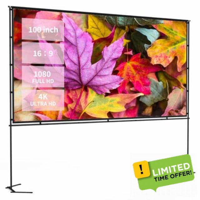 100-inch Portable Projector Screen with Stand | 16:9 HD 4K Wrinkle-Free Indoor/Outdoor Screen for Home Cinema