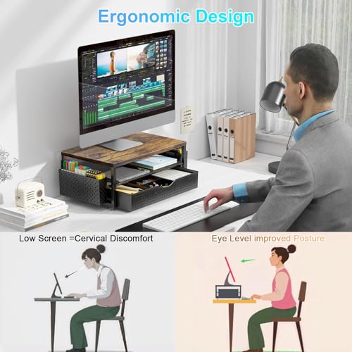 2-Tier Computer Monitor Stand Riser with Drawer and 2 Pen Holder