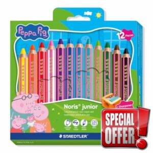 STAEDTLER Peppa Pig x Noris Junior 3-in-1 Jumbo Watercolour Colouring Pencils - 12 Assorted Colours - for Kids Aged 2+ Years - Pack of 12