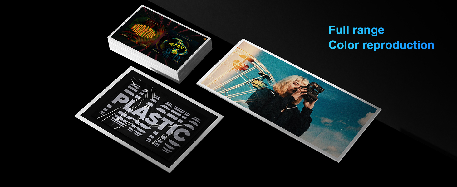 Text reads 'Full range' and 'Color reproduction'. Dark background display showing multiple photo prints or cards with varying color images.