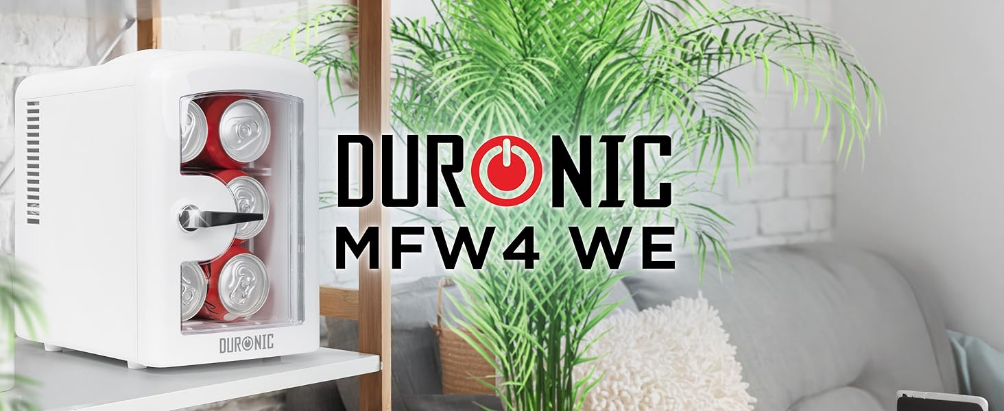 Text reads 'DURONIC MFW4 WE'. Product display showing white microwave oven with two product boxes beside it and potted green plant in modern interior setting.