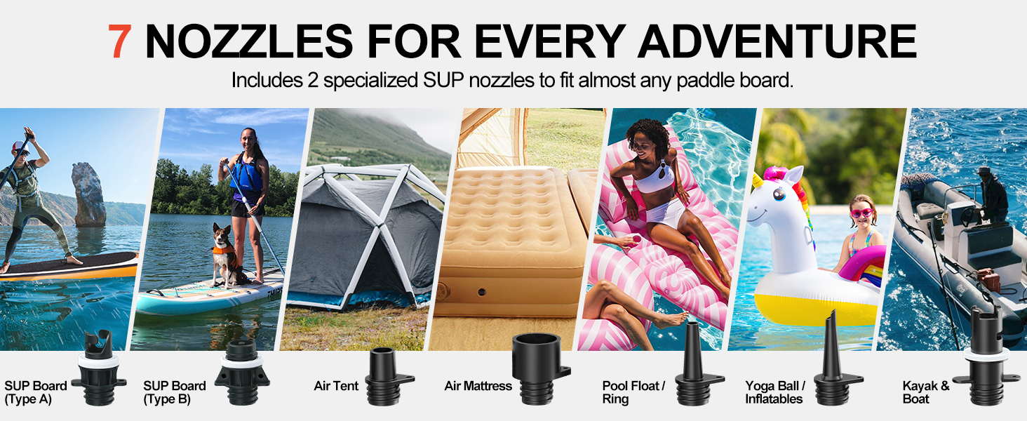 Text reads '7 NOZZLES FOR EVERY ADVENTURE'. Series of lifestyle photos showing different water nozzle uses across activities like kayaking, camping, and outdoor sports.