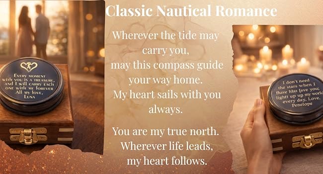 Text reads 'Classic Nautical Romance'. Series of warm-toned scenic images with overlaid romantic text quotes about sailing and the sea.