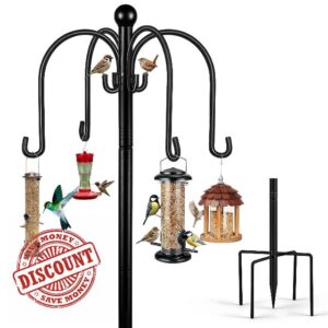 Bird Feeder Hanging Station Heavy Duty Metal Wild Bird Feeding Station Stand with 5-Prong Stabilizer Base Multi-Hook Anti-Rust Adjustable Standing Feeder Pole for Garden Outdoors