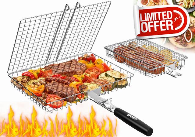 2PCS BBQ Grilling Basket with Removable Wooden Handle