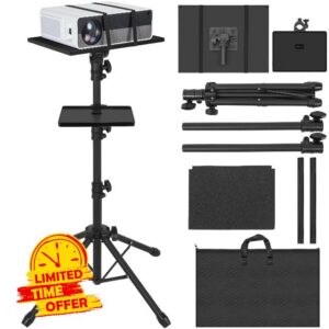 AKOZLIN Projector Tripod Stand with 2 Shelves & 4 legs Portable Adjustable Floor Projector Stand Height 65-130 cm 180 Degree Rotation for Projector