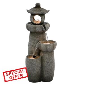 Serenity Cascading Pagoda Water Feature with LED Lights Outdoor Zen Garden Fountain Polyresin Self-Contained Tranquil Decor 66cm
