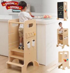 Olvy Kids 4-in-1 Montessori Learning Tower – Learning Tower – Wooden Step Stool – 4-Step Children’s Ladder – Kitchen Helper for Kids – Standing Tower from 1 Year – Foldable Children’s Step Stool