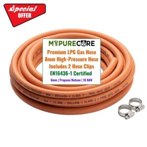 MYPURECORE 8mm LPG Gas Hose Pipe with 2 Clips – EN16436-1 High Pressure Propane & Butane Gas Hose for BBQ