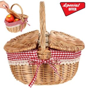 iplusmile Wicker Picnic Basket: Natural Hand Woven Retro Basket with Removable Red And White Checkered Liner Lid for Picnic