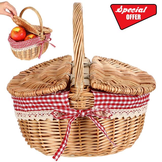 iplusmile Wicker Picnic Basket: Natural Hand Woven Retro Basket with Removable Red And White Checkered Liner Lid for Picnic