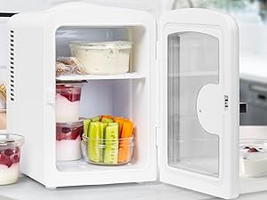 Text reads '22W', '23W' on left portable cooler/warmer units with power specifications. Right shows white compact cooling/heating box with orange lid display, featuring capacity and wattage indicators.